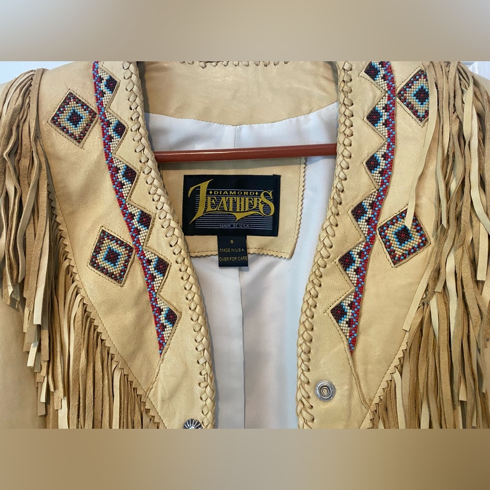 Diamond Leathers beige leather fringe jacket